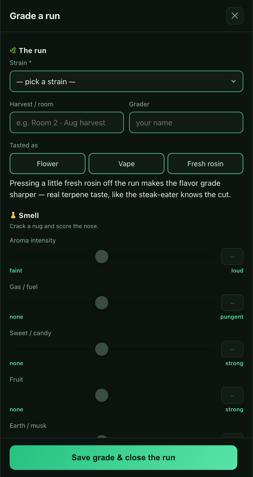 Strain Brain — the trim-table grading form